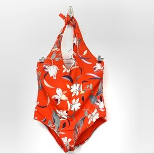 Athleta One Piece Halter Bathing Suit Red Floral